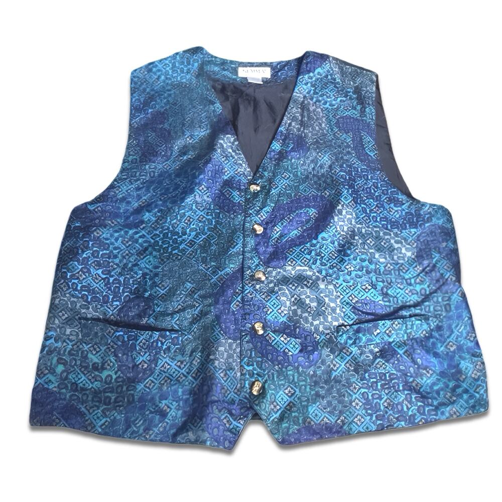 Vintage Silk Blue Teal Paisley Vest‎ Large Unisex Waistcoat Colorful Academia